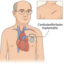 versión ilustrativa y didáctica DEL cardiodesfibrilador implantable, la incisión quirúrgica y la conexión al corazón
