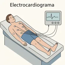 versión ilustrativa estilo infografía médica que muestra de forma esquemática y educativa: Una silueta de paciente acostado en una camilla. Electrodos dibujados en el pecho, brazos y piernas. Los cables conectados a una máquina de ECG. La pantalla de la máquina mostrando una curva típica simplificada del electrocardiograma.