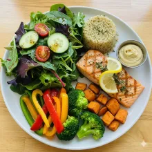 Plato con alimentos y porciones saludables