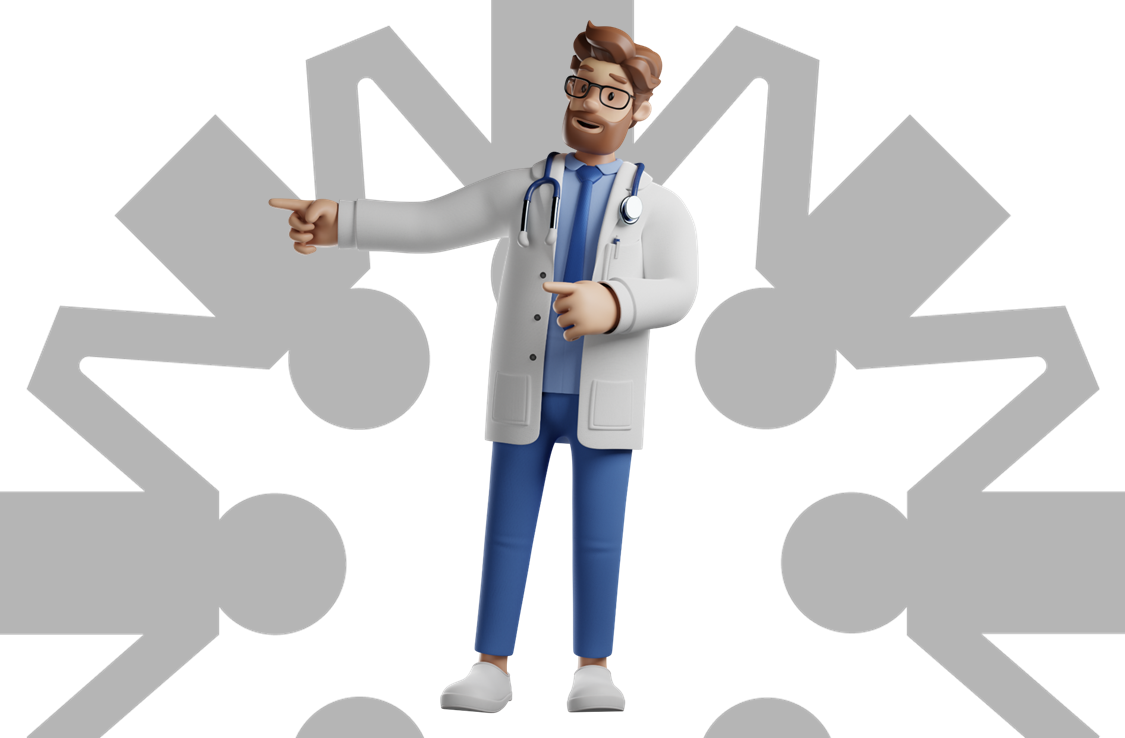 Personaje doctor señalando descarga APP