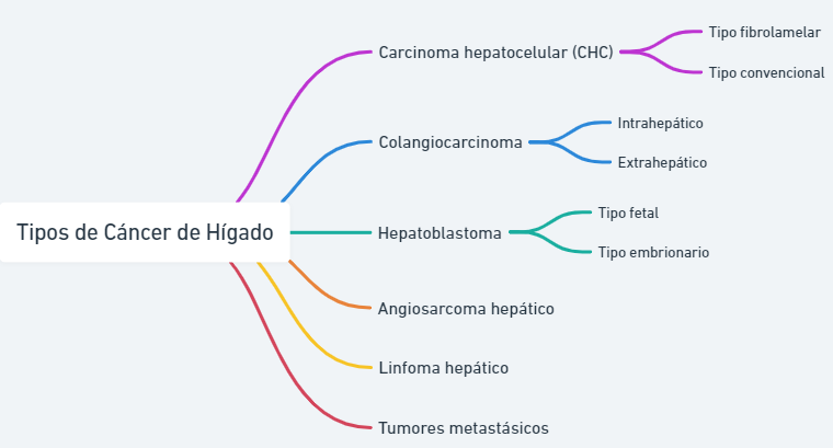 Tipos de cáncer de higado 1. Carcinoma hepatocelular, puede ser de tipo fibrolamelar o convencional, 2. colangiocarcinoma puede ser de tipo intrahepático o extrahepático, 3. hepatoblastoma de tipo fetal o de tipo embrionario, 4. angiosarcoma hepático, 5. linfoma hepático, 6. tumores metastásicos