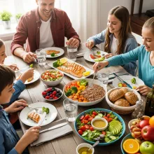 familia almorzando y que los alimentos se vean con la cantidad y calidad adecuada de vitaminas, minerales, proteínas, grasas saludables y carbohidratos