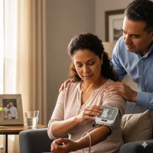 Mujer monitoreando presión arterial y frecuencia cardiaca