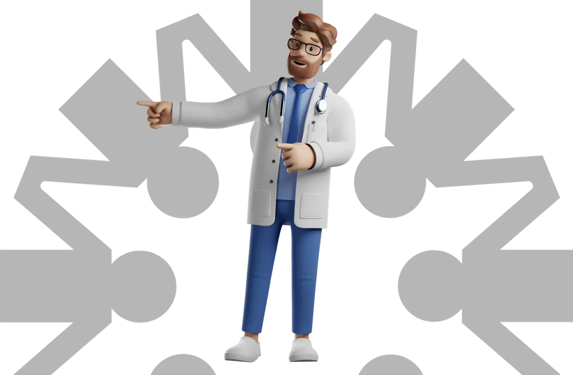 Personaje doctor señalando descarga APP